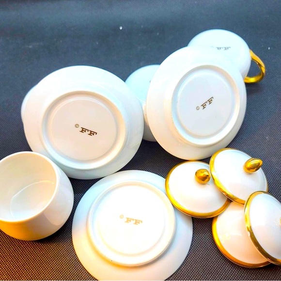 FITZ FLOYD 4 White Gold Espresso Demitasse Custard Desert Cups Lids Saucers RARE - Picture 7 of 8